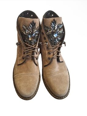 Vince Camuto Tan Suede Boots with Jeweled Tongue